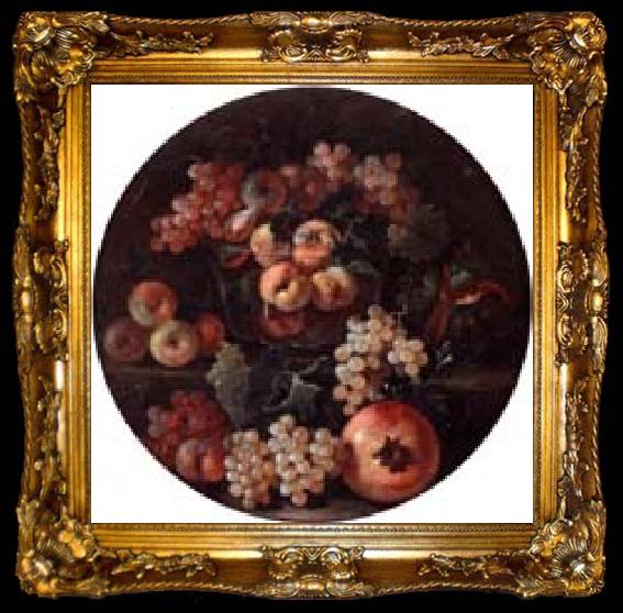 framed  unknow artist A still life of peaches and plums in a glass bowl,grapes,a melon and a pomegranate, ta009-2